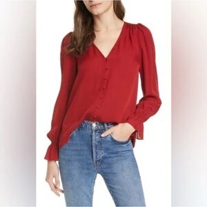 Joie NWT Victorian Bolona Poet Sleeve Silk Blouse Pomegranate Red Size XXS